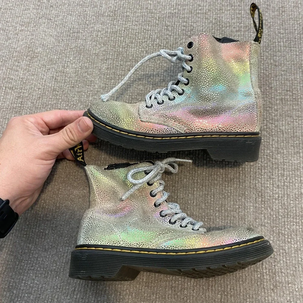 Dr. Martens 1460 Pascal J Boots Kids Size 12 Silver Glitter Rainbow Combat Zip‎